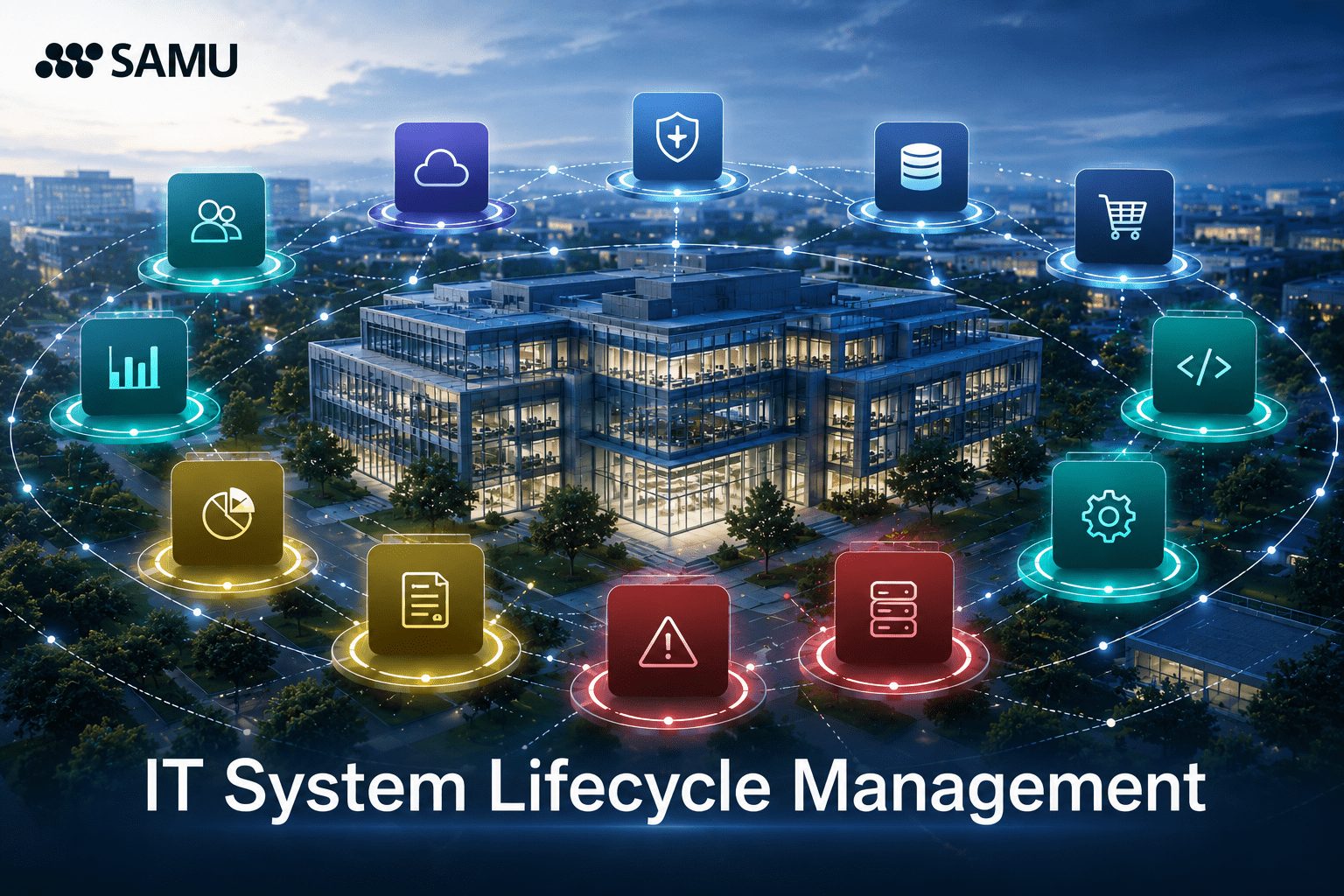 IT System Lifecycle Management IT System Lifecycle Management visualization showing a modern enterprise headquarters surrounded by interconnected business applications, technology platforms, and lifecycle status indicators representing healthy, aging, and at-risk IT systems.