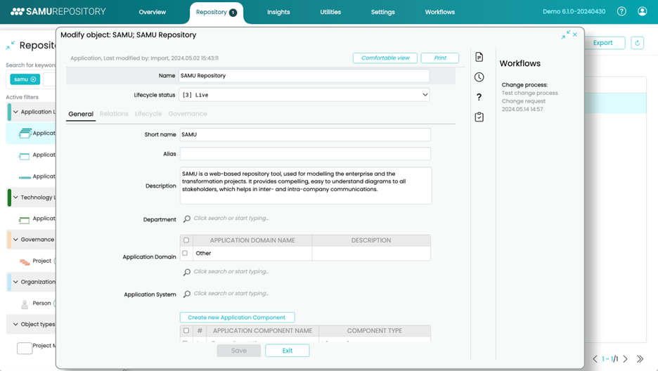 Workflow_Repository SAMU enterprise architecture tool Workflow module screenshot