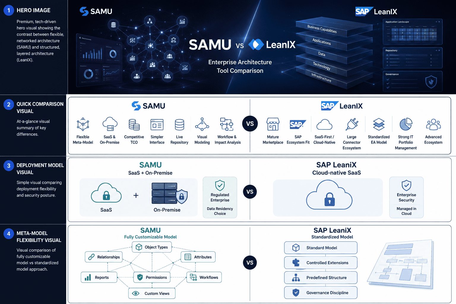 samu-flexible-meta-model-enterprise-architecture Flexible enterprise architecture meta-model showing configurable object types, relationships, attributes, workflows, permissions, and reports in SAMU.